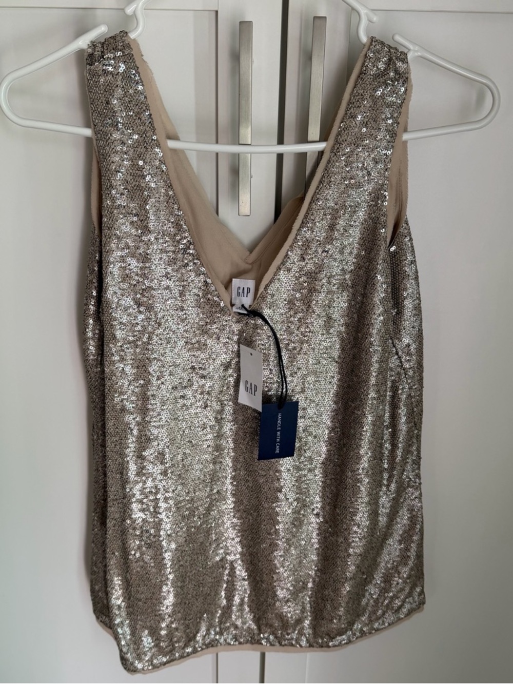 GAP Sequin V-Neck Tank Top in Champagne